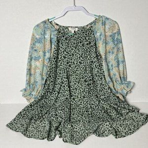 Umgee Dusty Sage Animal Print Dress w/ Wide Floral Sleeves Size S